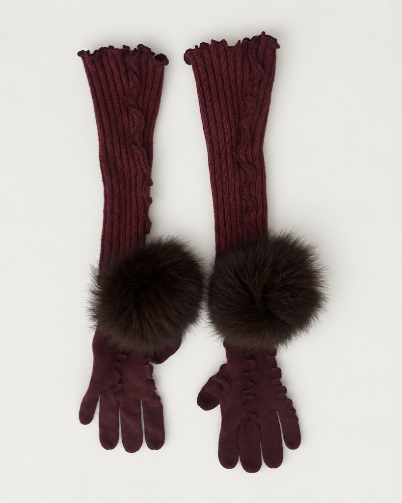 Burgundy Pompom Patch Gloves
