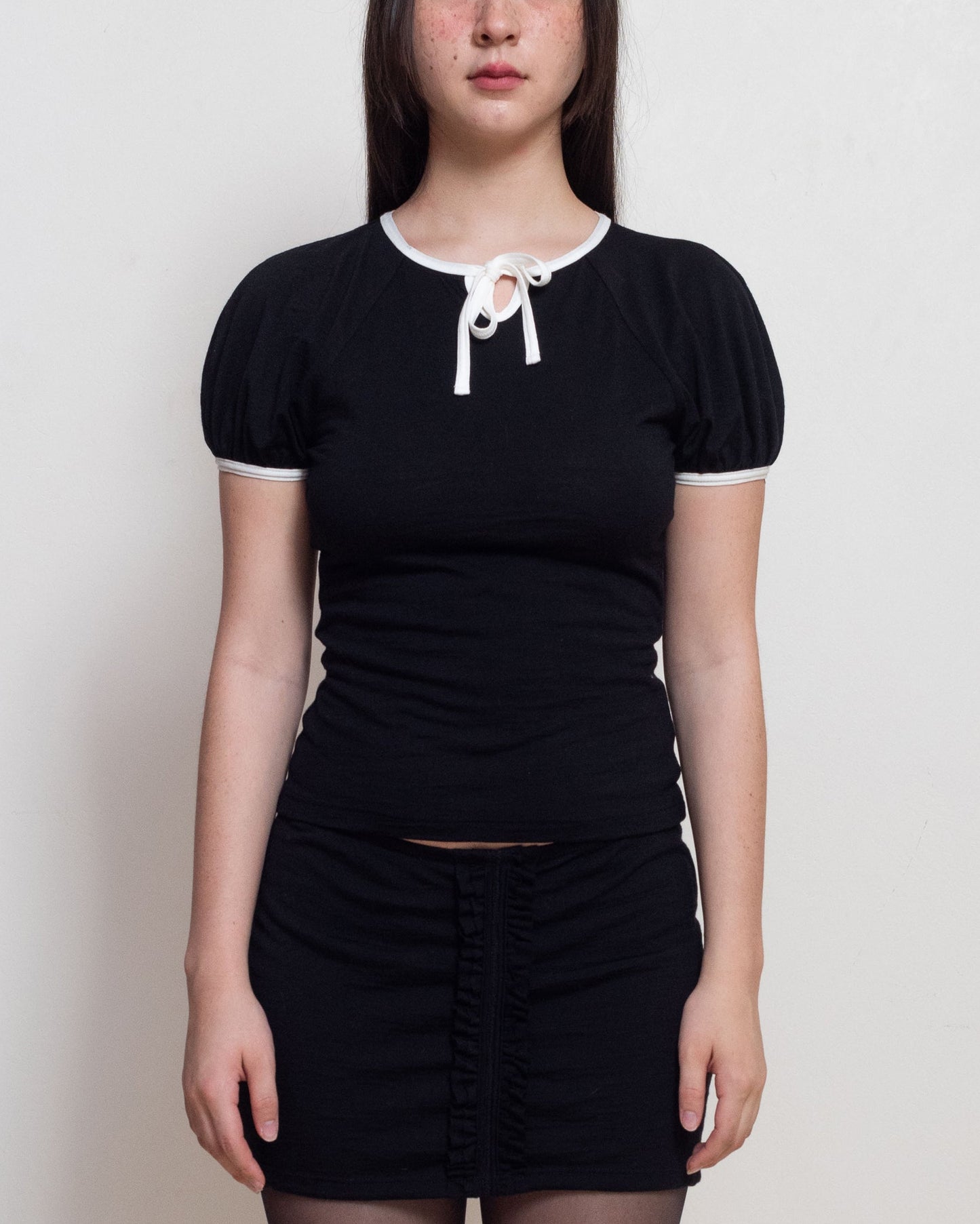 Black and Cream Premium Merino Raglan Keyhole Tee