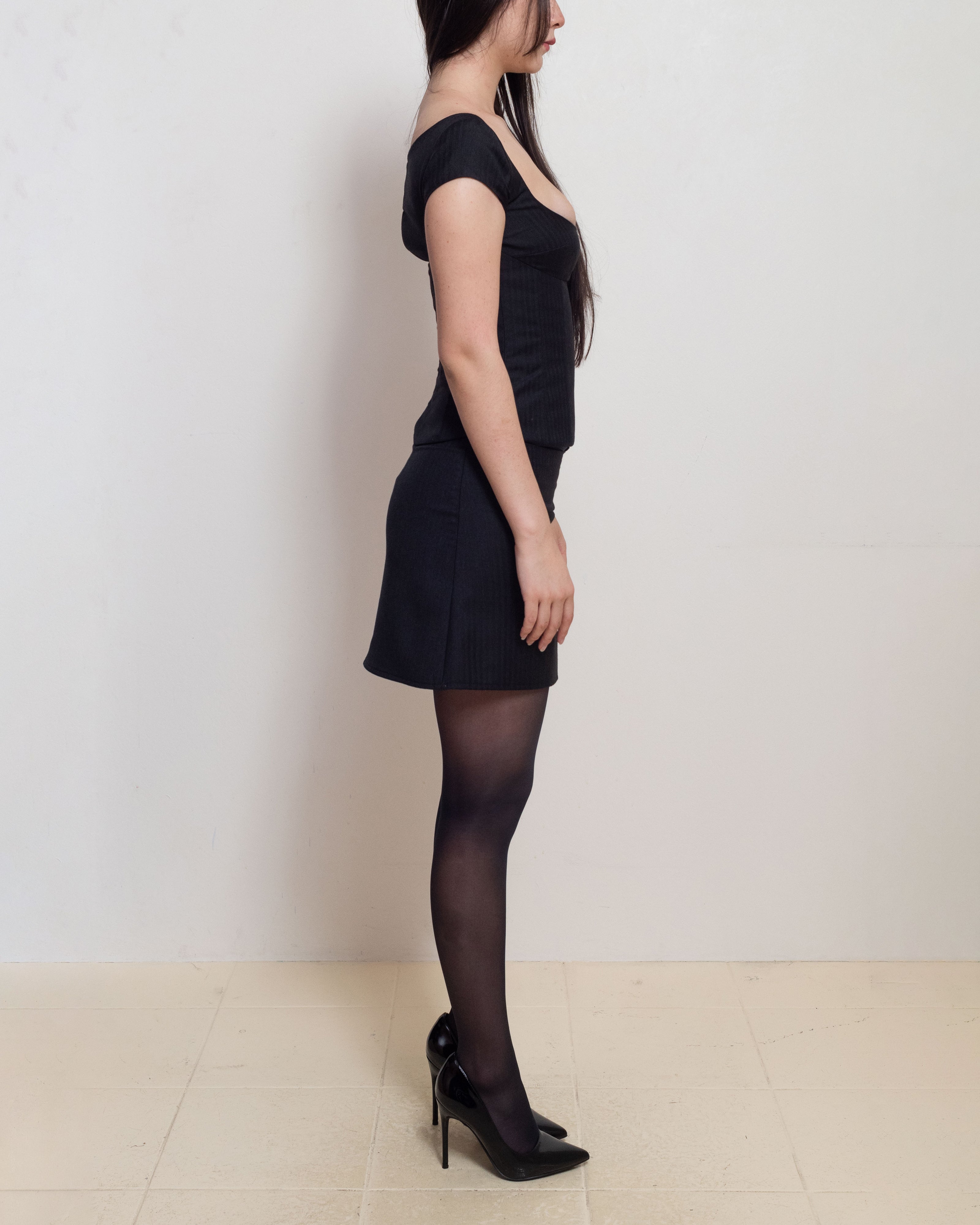 Black Wool Herringbone Miniskirt