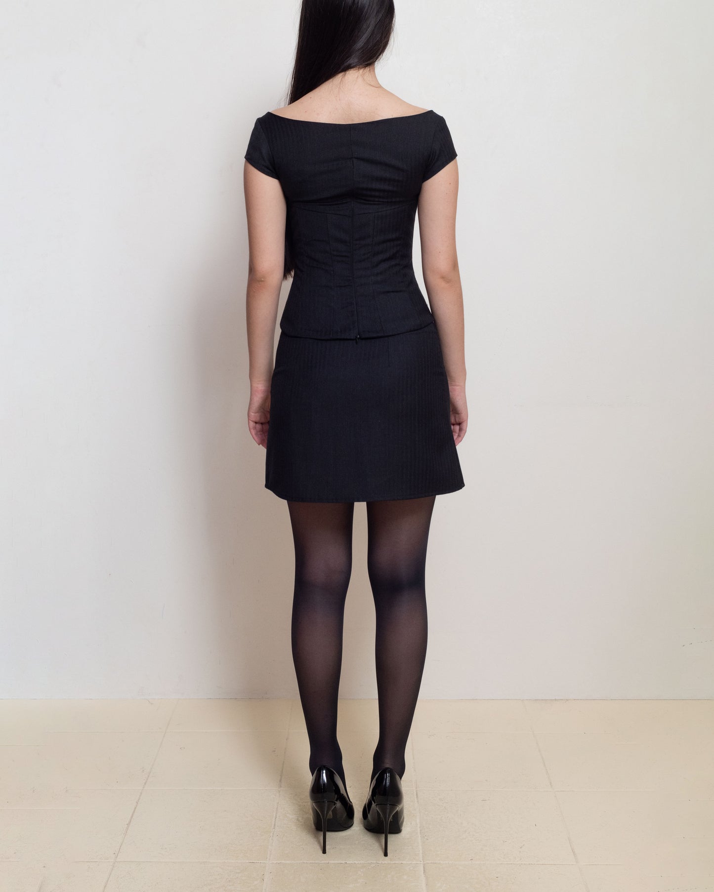 Black Wool Herringbone Miniskirt
