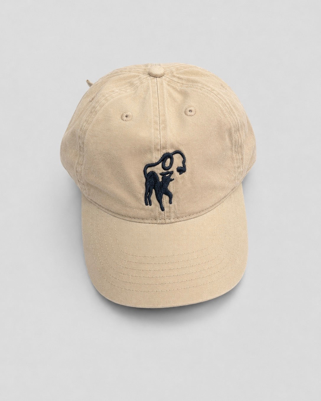 Beige cap with a black logo on a light gray background