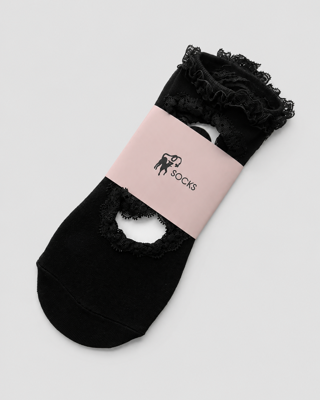 Black ankle socks with lace trim on a pink label against a light gray background