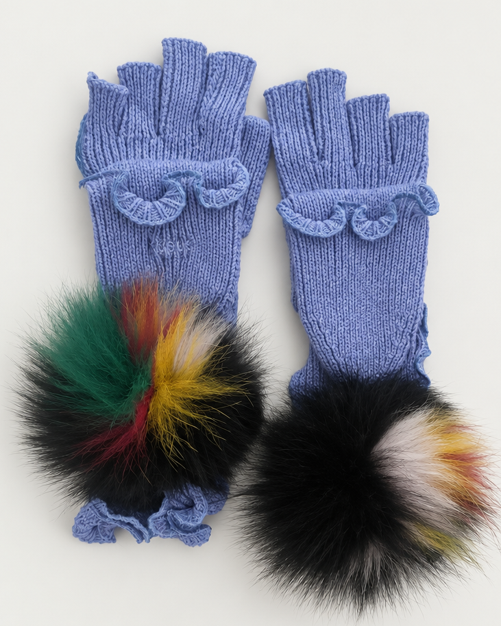 Blue Pompom Patch Gloves