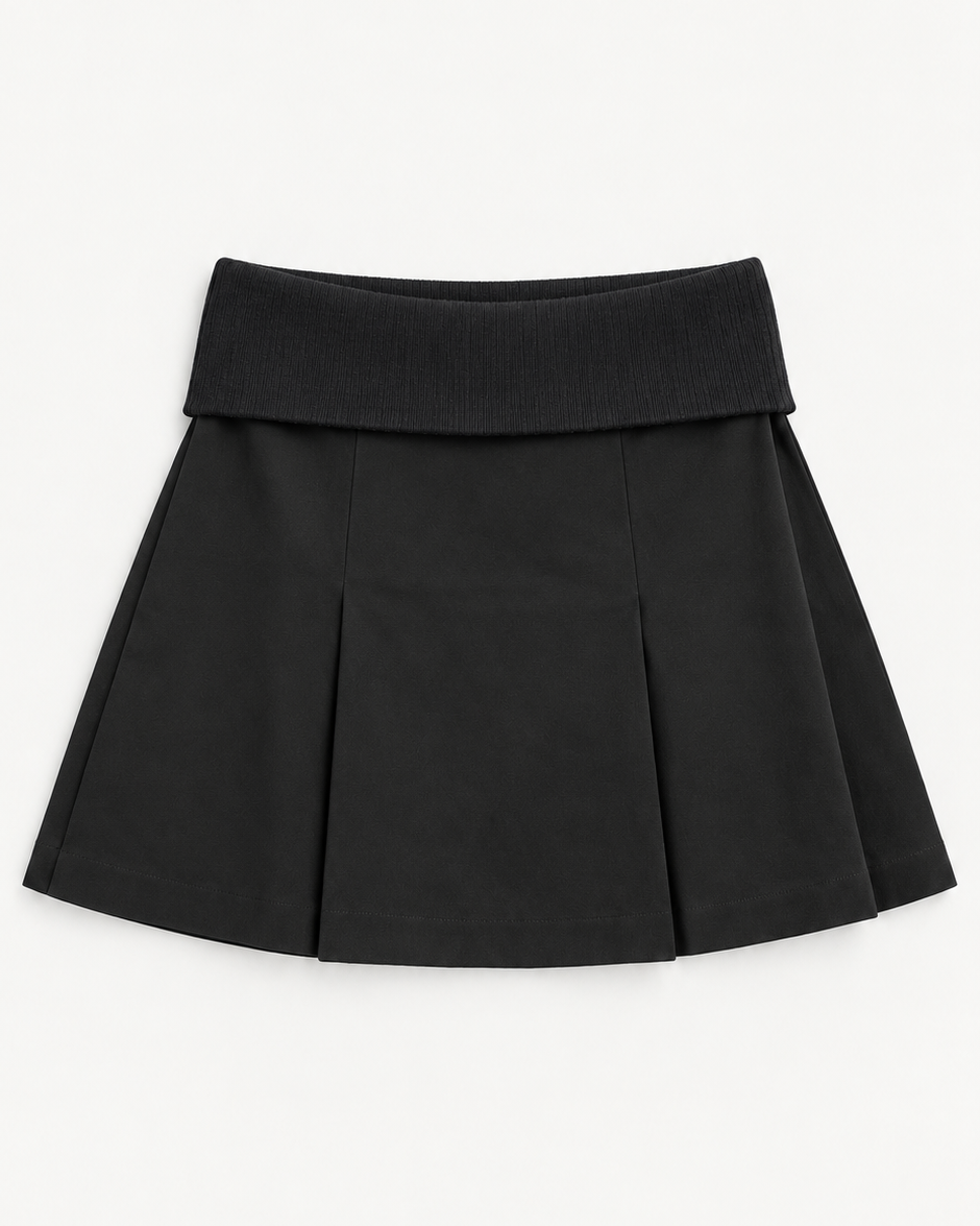 A black pleated mini skirt with a wide, structured waistband, shown flat against a plain white background.